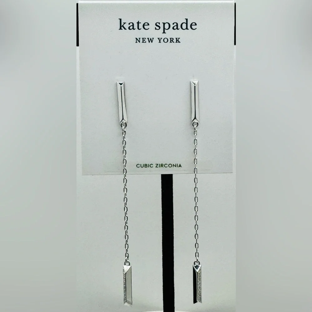 KATE SPADE Raise The Bar Pave’ Linear Drop Silver Tone Earrings NWT